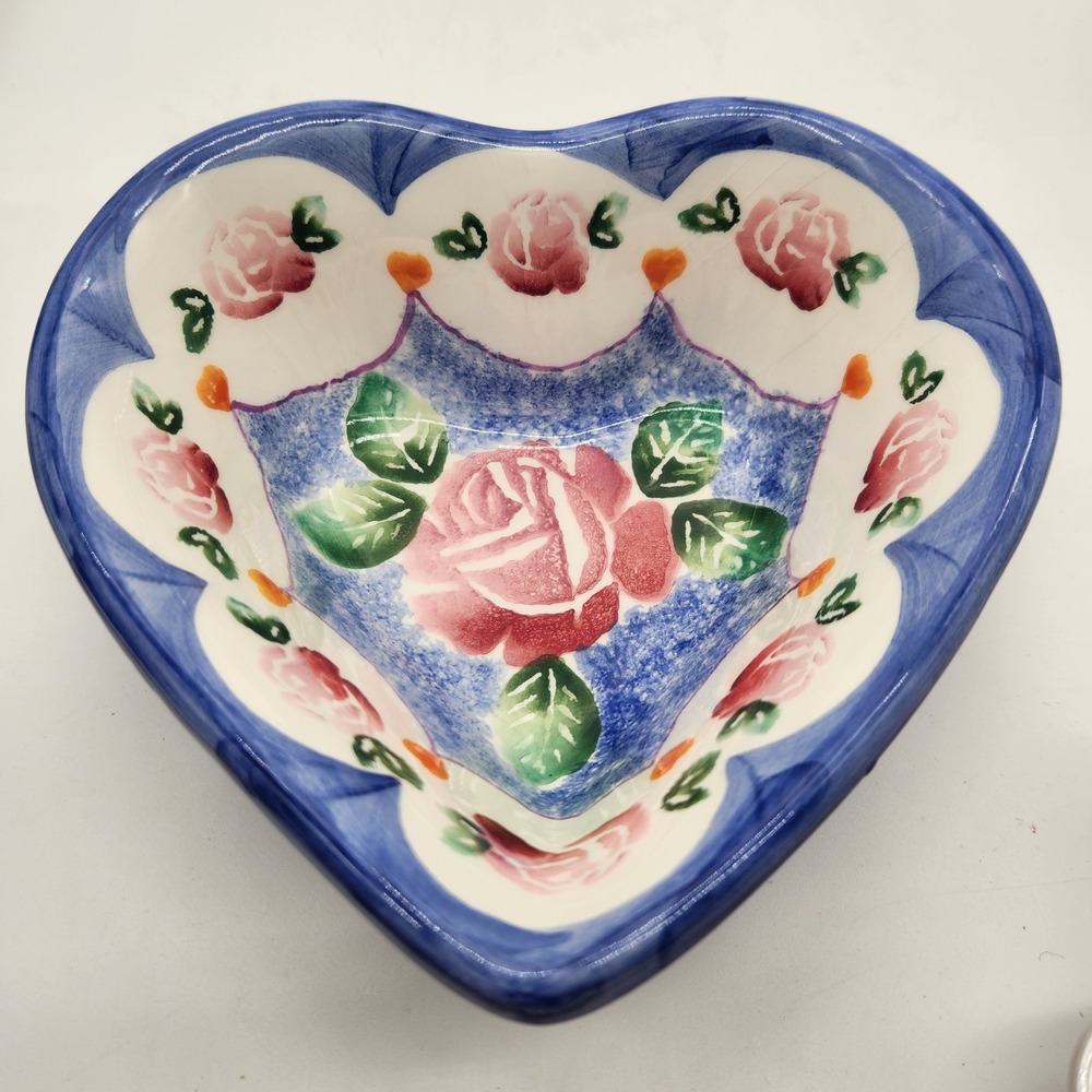 Ancora Italy Hand Painted Heart Shaped Ceramic Bowl Pink Roses Blue White 11366